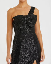 Black Sequined One Shoulder Front Bow Dress